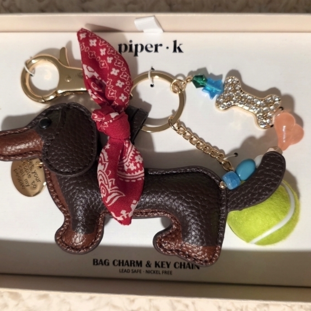 piper·k Brown Dachshund Bag Charm & Key Chain with Red Bandana